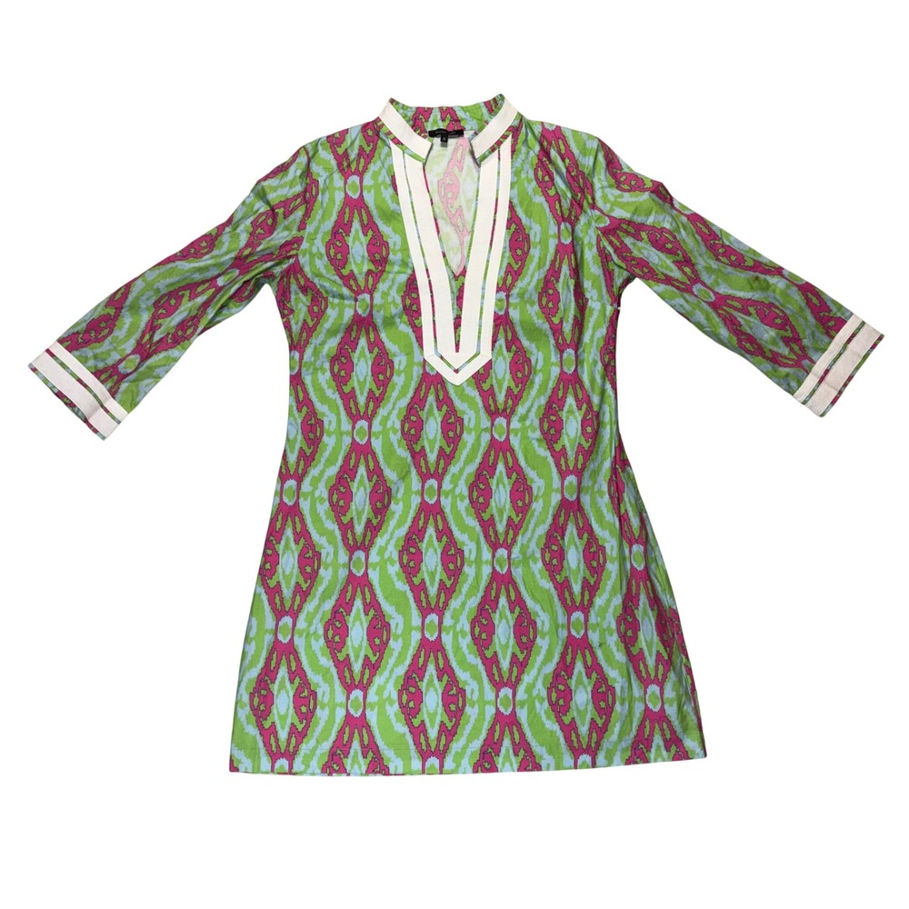 Lauren Gold 8 Green Pink Ikat Tunic Dress 3/4 Sleeve Resort Cotton Vacation Boho